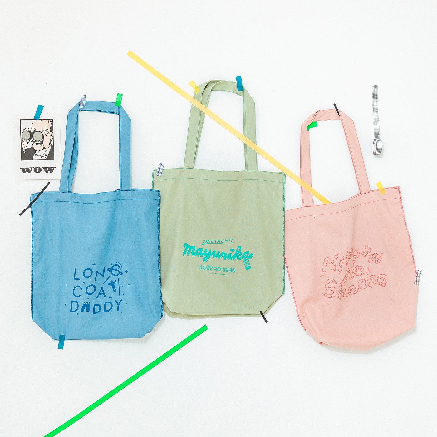 ロングコートダディ、マユリカ、ニッポンの社長のトートバッグ。