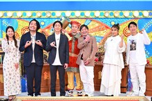 左から山崎香佳（MBSアナウンサー）、見取り図・盛山、ナインティナイン矢部、見取り図リリー扮するリリー大黒、メッセンジャー黒田、鈴木紗理奈、NON STYLE石田。