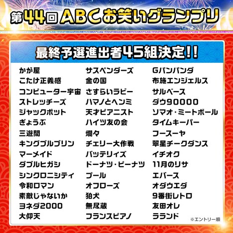 「第44回ABCお笑いグランプリ」最終予選進出者の一覧。(c)ABCテレビ