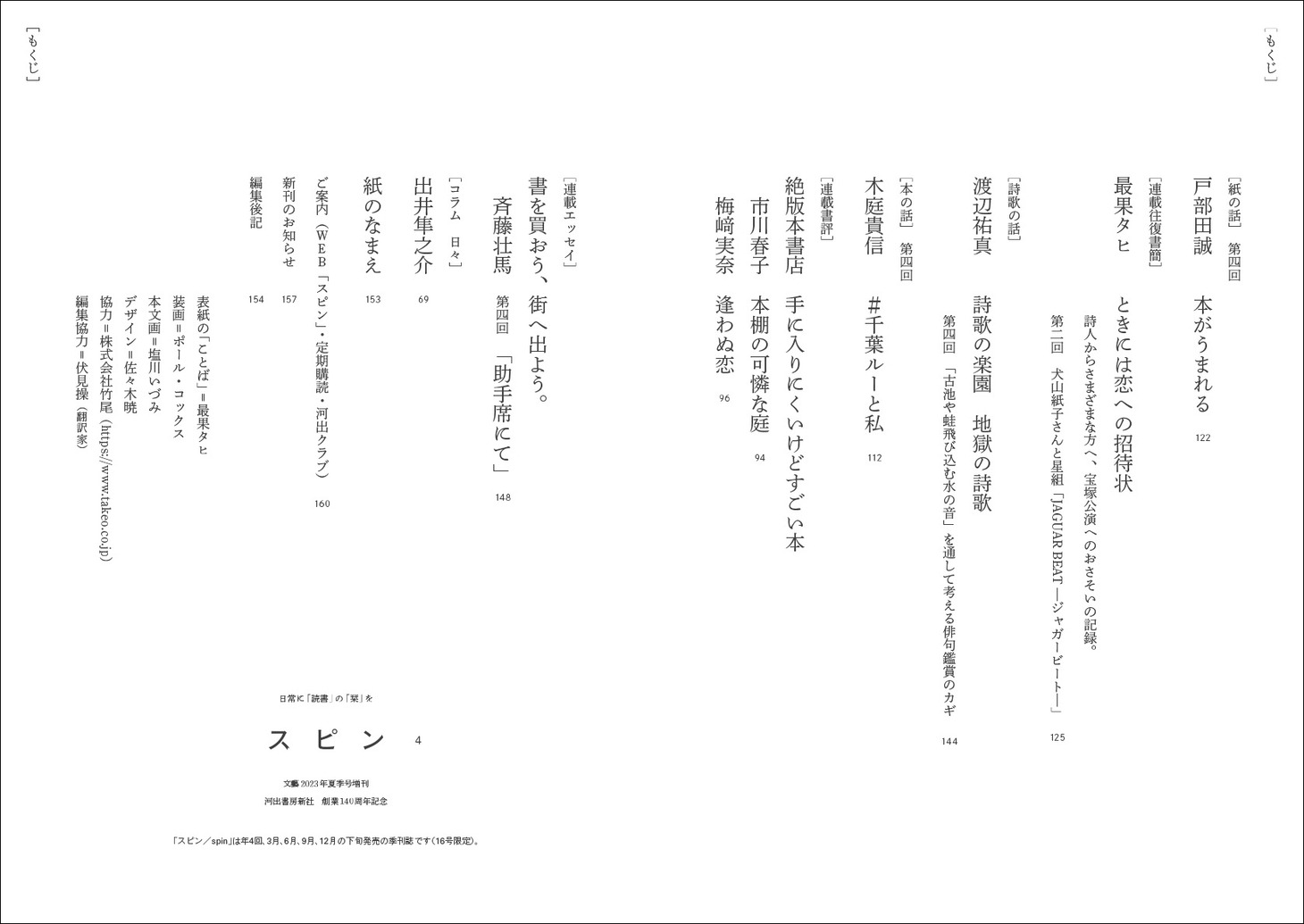「スピン／spin」第4号の目次。