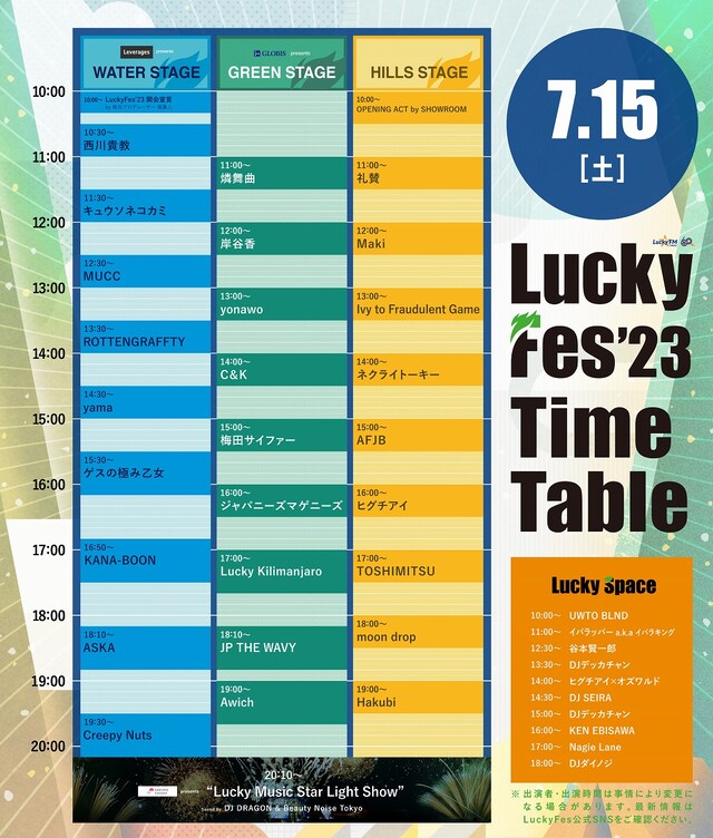 「LuckyFes2023」1日目のタイムテーブル。