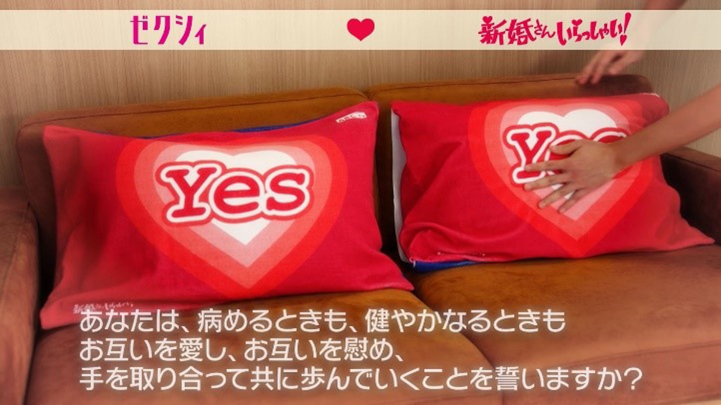 コラボ決定をイエスノー枕で紹介する告知動画のワンシーン。