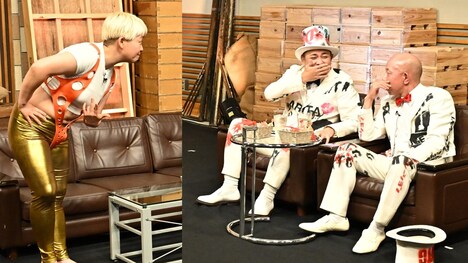 “お笑いソルジャー”承子クラーケン(左)と、MC陣のくりぃむしちゅー有田、バイきんぐ小峠。(c)TBS