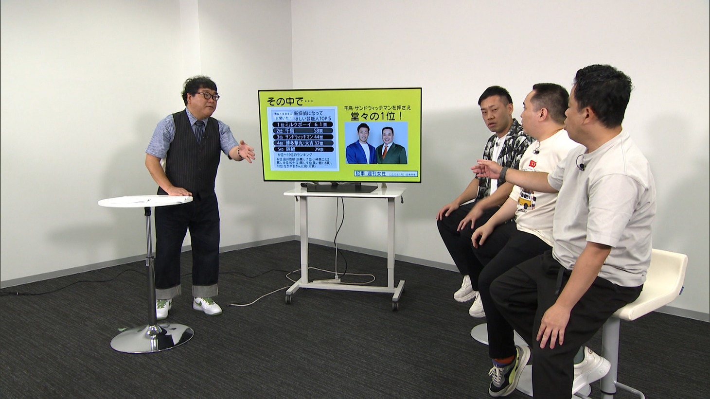 左から、カンニング竹山探偵、ミルクボーイ、ダイアン津田。(c)ABCテレビ