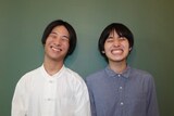 あくびぼうや。左から浜川聞（ハマカワブン）、池田京橋（イケダキョウバシ）。