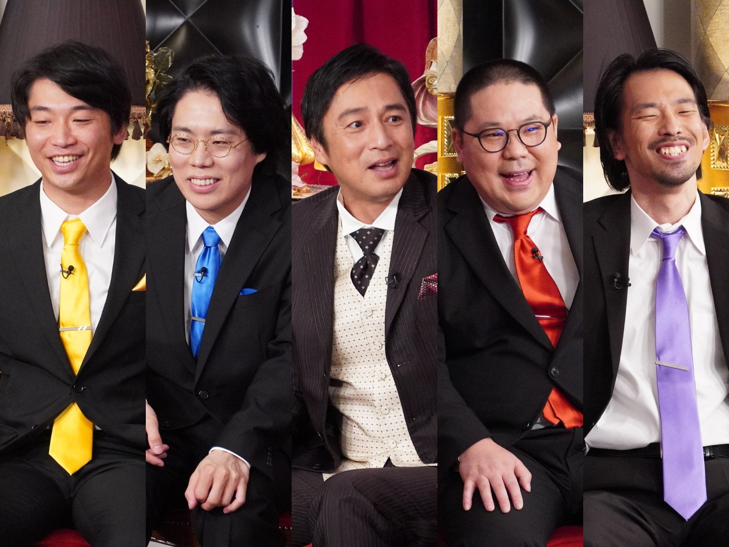 左からさや香・新山、令和ロマン・高比良くるま、チュートリアル徳井、ネルソンズ・和田まんじゅう、真空ジェシカ川北。(c)カンテレ