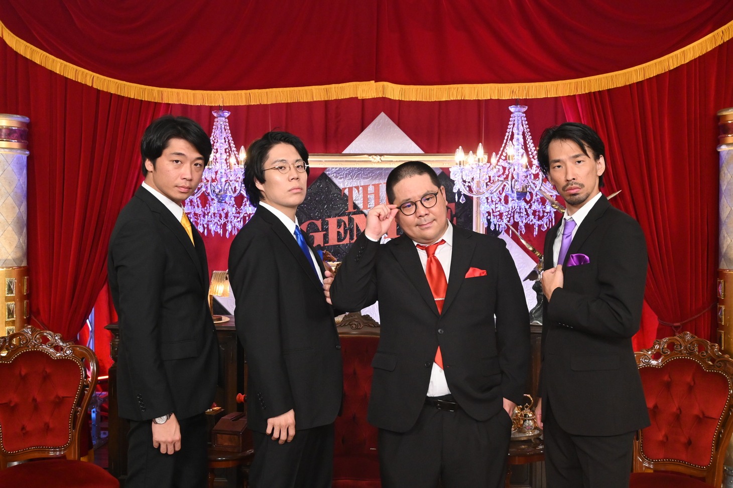 左からさや香・新山、令和ロマン・高比良くるま、ネルソンズ・和田まんじゅう、真空ジェシカ川北。(c)カンテレ