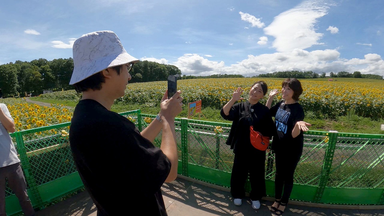 ひまわり畑での写真撮影の様子。(c)HBC