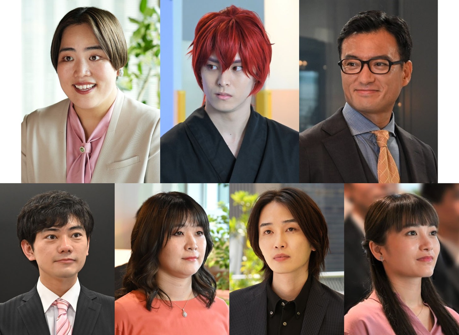 ドラマ「推しが上司になりまして」の新キャストとして発表された（左上から時計回りに）ゆりやんレトリィバァ、高野洸、徳重聡、福田愛依、カルマ、紅しょうが稲田、渡辺佑太朗。