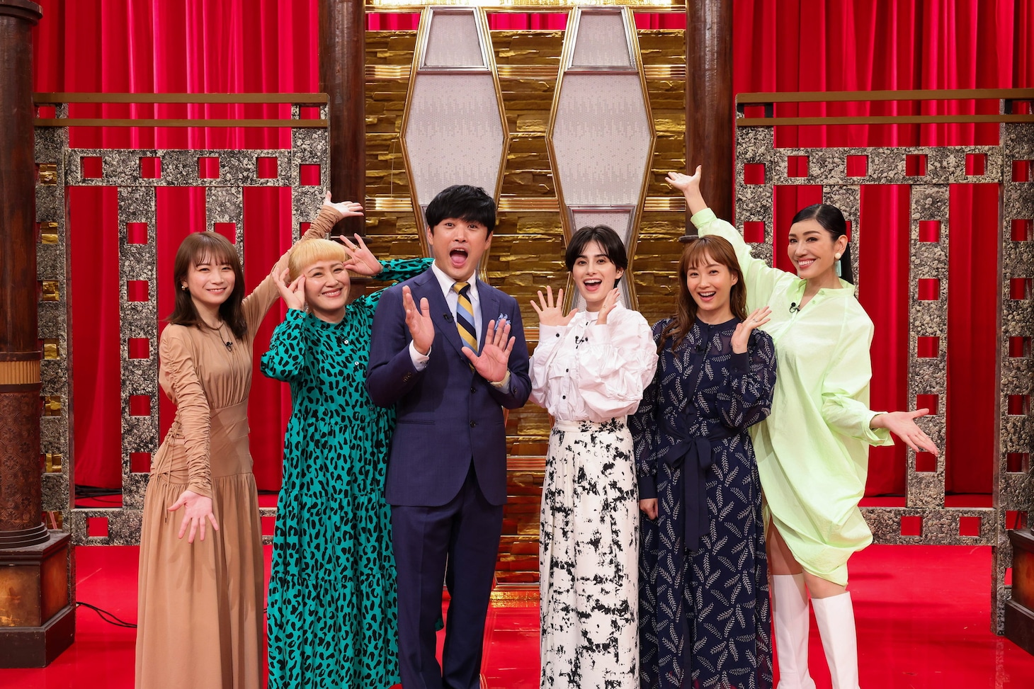 左から秋元真夏、丸山桂里奈、劇団ひとり、ホラン千秋、藤本美貴、アンミカ。(c)関西テレビ