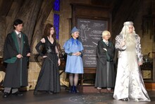 コスプレをした「ハリー・ポッター」ファンという4名と共に杖の振り方を習う霜降り明星せいや（右端）。