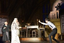 霜降り明星せいやが施設のインタラクターから杖の振り方を習っている最中、悪役のデスイーターが後方に出現。