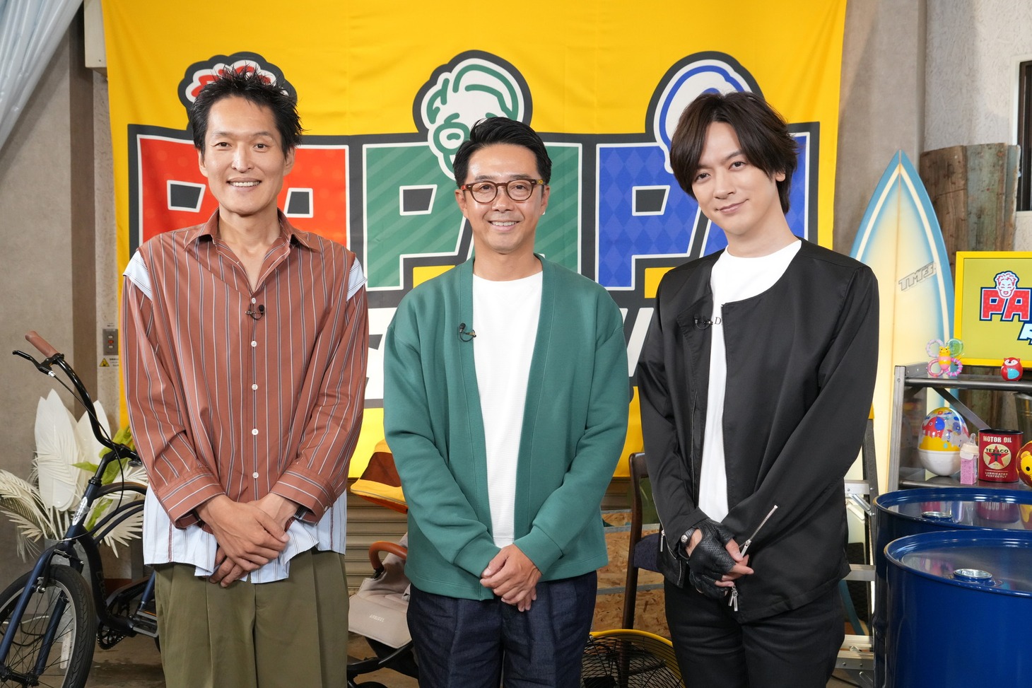 「芸能人の前にパパであるべし！PAPAPAダン!!!」に出演する（左から）千原ジュニア、おぎやはぎ矢作、DAIGO。(c)中京テレビ