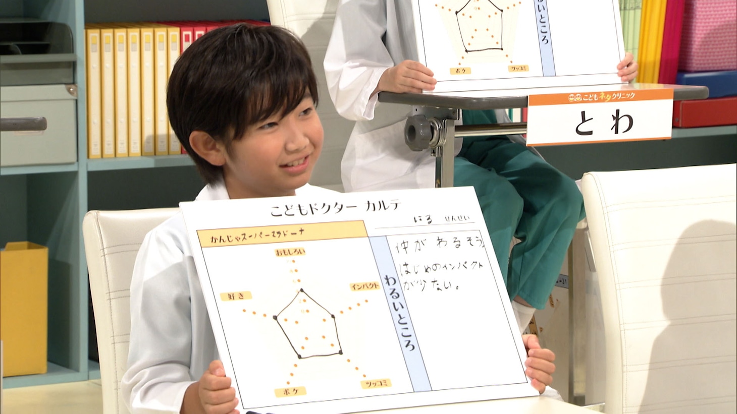 スーパーマラドーナのカルテを書くこどもドクター。