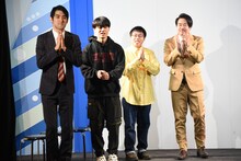 K-PROの戦略発表会を見届けた（左から）さすらいラビー中田、群青団地・横、ゼンモンキー荻野、まんじゅう大帝国・田中。