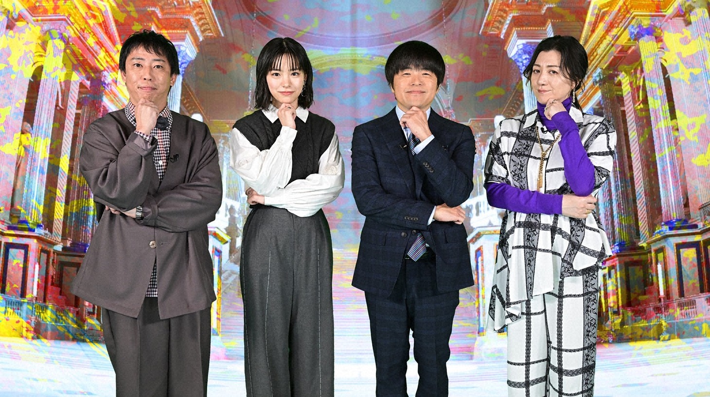 「天才たちのドッキリ 叡智のムダ使い」に出演する（左から）さらば青春の光・森田、當真あみ、バカリズム、野々村友紀子。(c)TBS