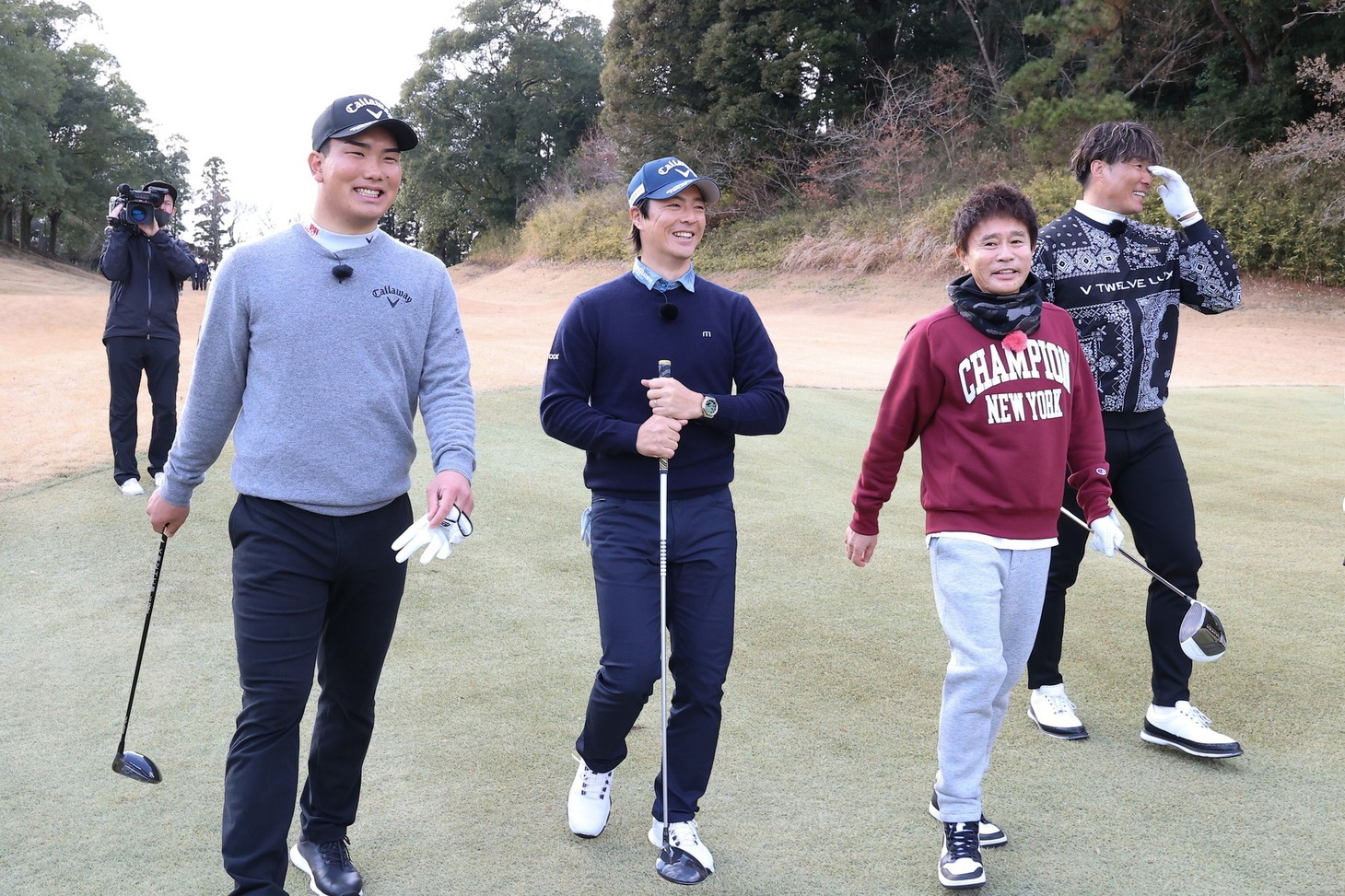 左から、河本力、石川遼、ダウンタウン浜田、糸井嘉男。(c)フジテレビ