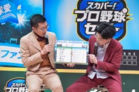 今シーズンの順位予想を発表するヤーレンズ。ただし出井（右）は原口あきまさの予想を参考にしたとのことで、楢原（左）も旧来のチーム名を列挙した。