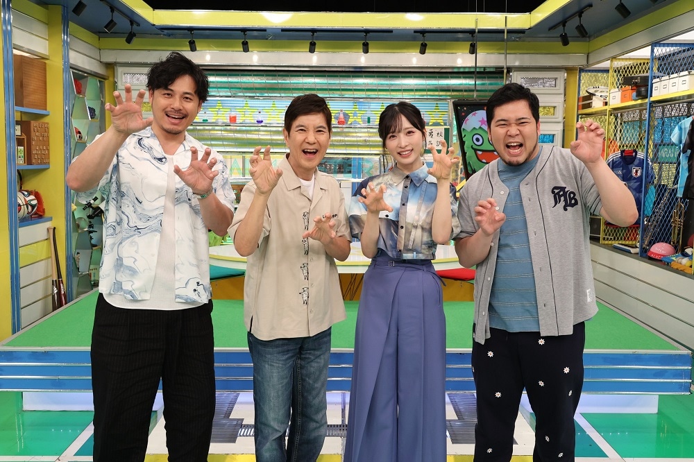 「ライオンのミライ☆モンスター」に出演する（左から）アルコ＆ピース平子、関根勤、小栗有以、令和ロマン・松井ケムリ。(c)フジテレビ