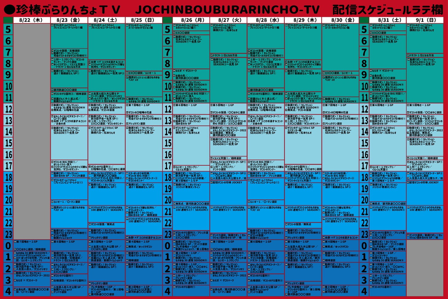 ザコシ自ら作成した「珍棒ぶらりんちょTV」の「ラテ欄」。