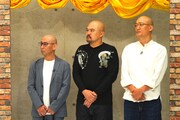 きしたかの高野の新髪型を考える(左から)5GAPトモ、 鬼越トマホーク坂井、みなみかわ。