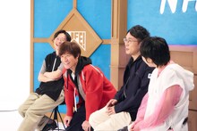 取材中の様子。左から川西賢志郎、内村光良、シソンヌじろう、ラランド・サーヤ。（撮影：小林恵里）