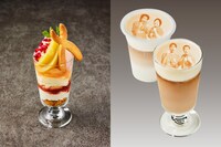 左から、「マジシャン・ルールのペンチピーチパフェ」と、今年のKOCファイナリストがプリントされたアイスカフェオレ。