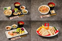 上段左から、「青春という名の“魚”定食」、「先輩に奢るハズだった牛丼」、下段左から、「中野くんが潰した寿司（押し寿司）」、KOC勝利を祈願する「カツのは俺だ！ カツサンド」。