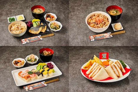 上段左から、「青春という名の“魚”定食」、「先輩に奢るハズだった牛丼」、下段左から、「中野くんが潰した寿司（押し寿司）」、KOC勝利を祈願する「カツのは俺だ！ カツサンド」。