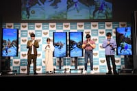 「モンスターハンターNow」の新CM発表会に登壇した（左から）麒麟・川島、白石麻衣、次長課長・井上、かけおち・青木マッチョ