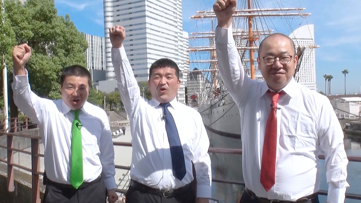 新企画「ベストな悶々で最高な瞬間を！ベス悶グルメ」に出演するサスペンダーズ古川、すゑひろがりず三島、ルシファー吉岡。
