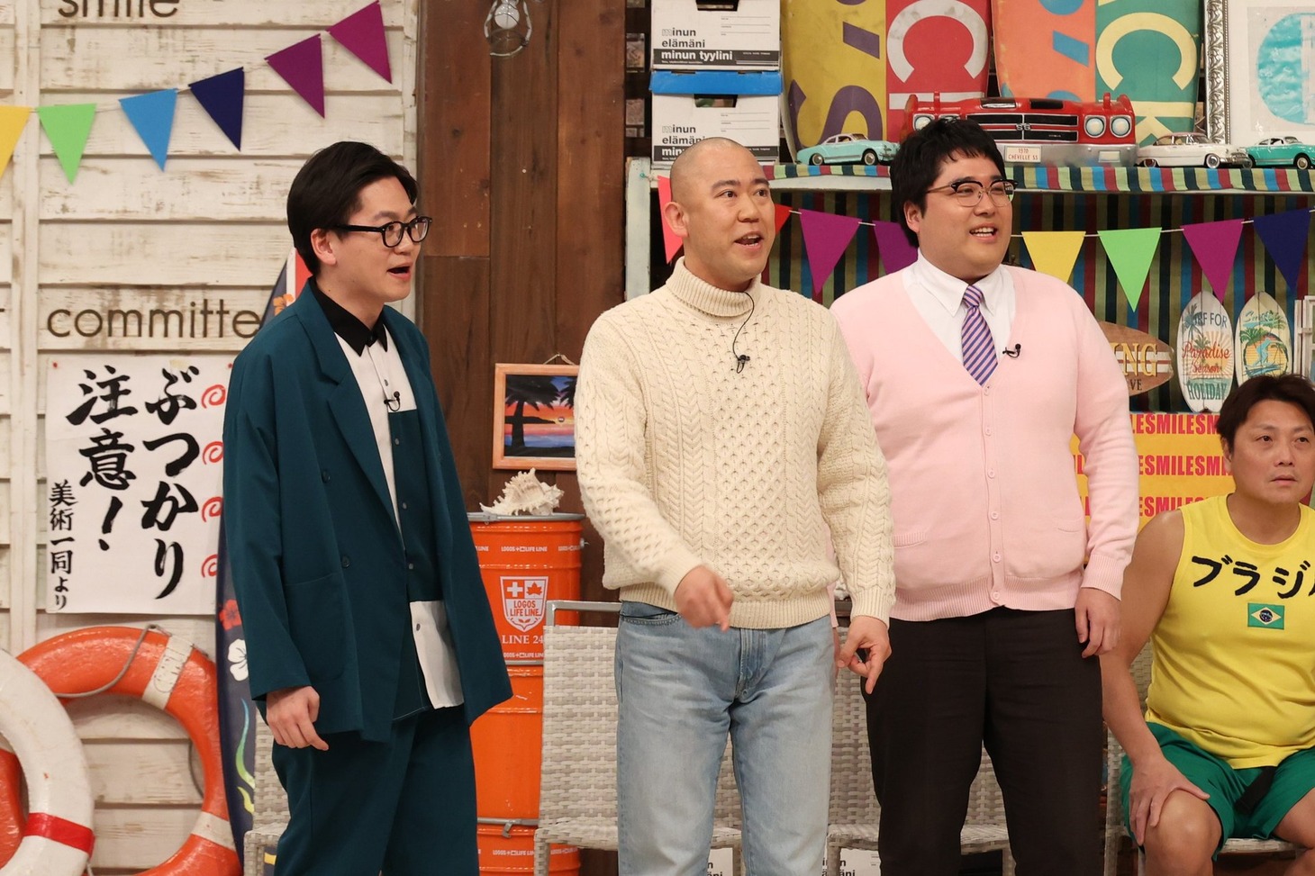 「お笑い向上委員会」に出演する（左から）東京ホテイソンたける、コロコロチキチキペッパーズ・ナダル、マヂカルラブリー村上と、サバンナ八木