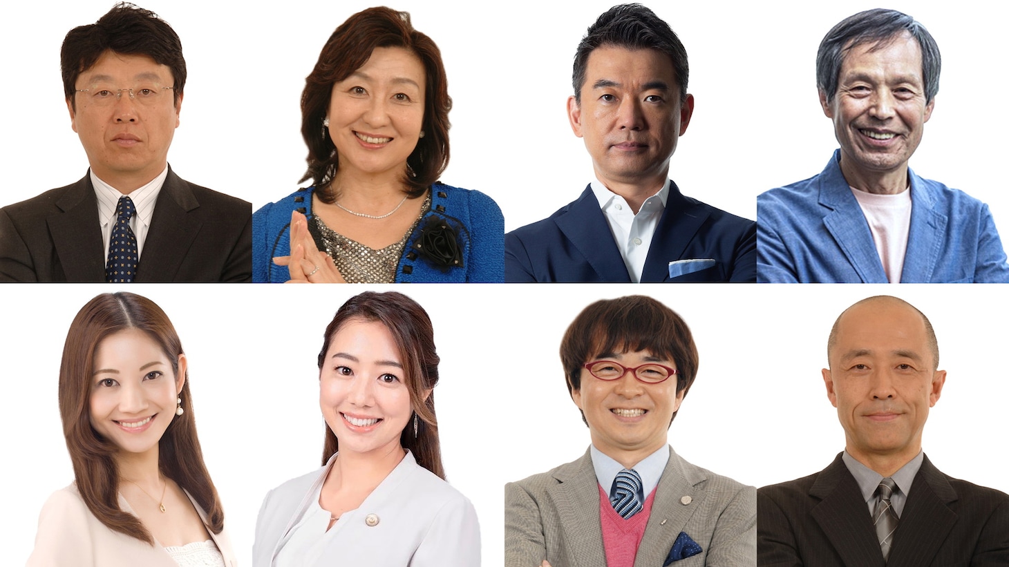 上段左から北村晴男、住田裕子、橋下徹、丸山和也。下段左から大渕愛子、森詩絵里、本村健太郎、菊地幸夫