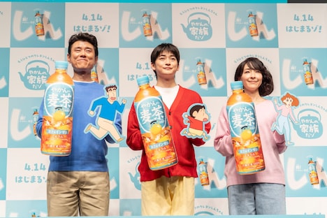 「やかんの家族だゾ！」特別試写会イベントに登壇した（左から）ネプチューン原田、高橋文哉、麻生久美子