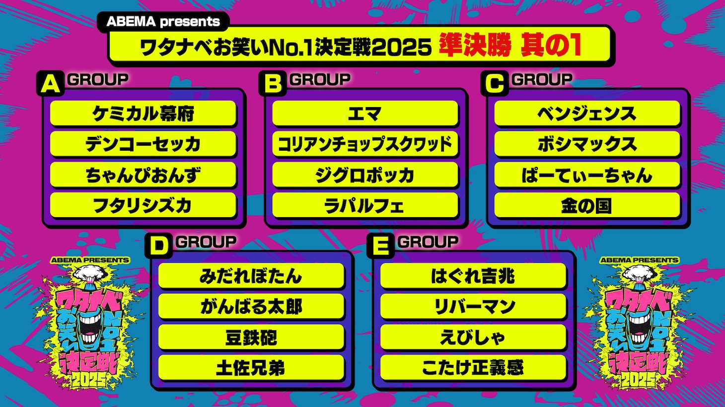 「ワタナベお笑いNo.1決定戦2025」準決勝 其の1の対戦カード