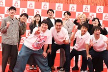 「キングオブコント2025」エントリー表明会見に出席したロングコートダディ、や団、蛙亭、レインボー、オダウエダ