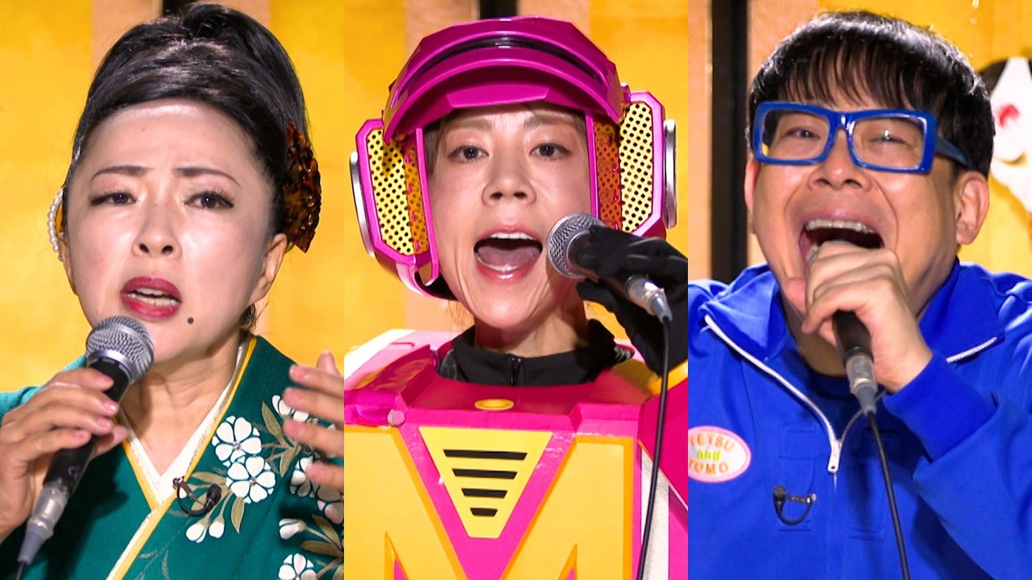 「千鳥の鬼レンチャン」の「サビだけカラオケ」に出演する（左から）坂本冬休み、高橋真麻、テツandトモ・トモ
