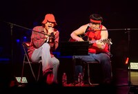 武道館で歌う赤えんぴつ。左がボーカルのおーちゃん（設楽）、右がギター・コーラスのひーとん（日村）