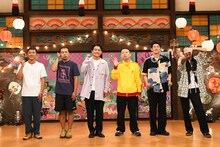 左から笑い飯・哲夫、天竺鼠・川原、千鳥ノブ、ランジャタイ国崎、ロングコートダディ堂前、真空ジェシカ川北