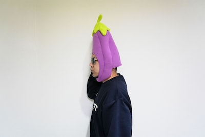 ナスビの被り物を着用する天竺鼠・川原のサイドショット