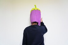 ナスビの被り物を着用する天竺鼠・川原のバックショット