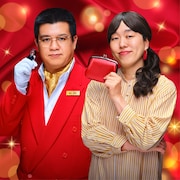 日清食品「カッヌードル」のレシピ買取キャンペーンの特別アンバサダー就任したジェラードン。写真は買取専門店の鑑定士にアタック西本（左）、客にかみちぃ（右）が扮したもの