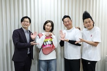 左からcacao浦田、竹上萌奈アナウンサー、藤崎マーケット田崎、ミサイルマン岩部