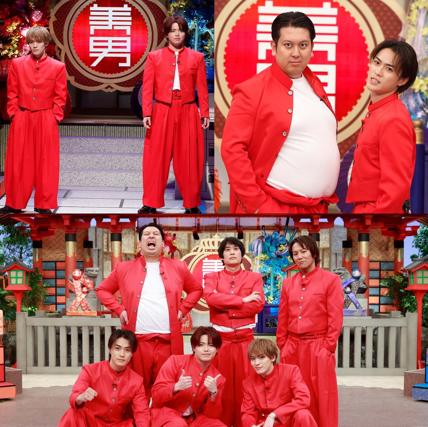 チームRED。写真上段の左から、松倉海斗、吉澤閑也、レインボー・ジャンボたかお、砂田将宏。写真下段の後列左から、ジャンボたかお、フルーツポンチ村上、狩野英孝、前列左から、砂田将宏、吉澤閑也、松倉海斗