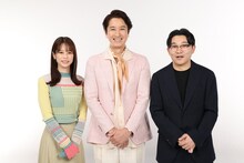 新番組「SUNDAYブレイク.」に出演する（左から）鈴木唯アナ、谷原章介、オズワルド伊藤