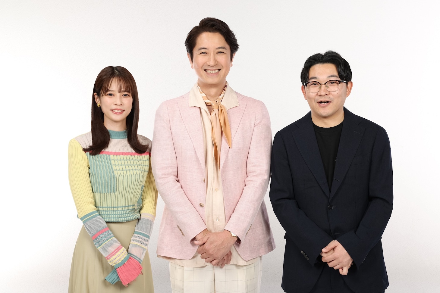 新番組「SUNDAYブレイク.」に出演する（左から）鈴木唯アナ、谷原章介、オズワルド伊藤