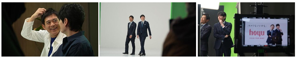 博多華丸・大吉が出演するCM「実感！ワンプッシュ～楽屋の華大～」編の撮影中の様子