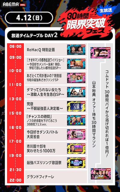 ABEMA10周年特別番組「30時間限界突破フェス」タイムテーブル（4月12日）