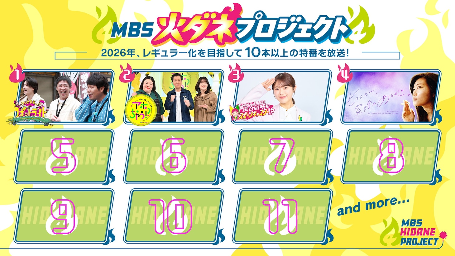 「MBS火ダネプロジェクト」で放送される4番組。さらば青春の光×西村拓哉（関西ジュニア）、ブラックマヨネーズ吉田×紅しょうが、渋谷凪咲×スポーツ
