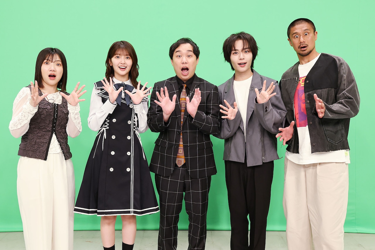 「世界中のカメラが捉えた衝撃的瞬間 TOP40」の出演者。左から3時のヒロイン福田、山下葉留花（日向坂46）、霜降り明星せいや、大西流星（なにわ男子）、坪井慶介